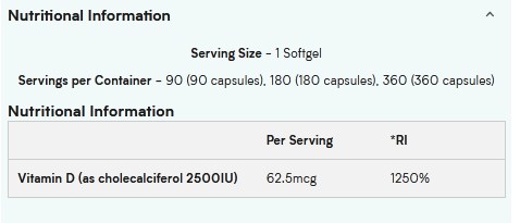 MYPROTEIN VITAMIN D3 SOFTGELS, 180 CAPSULES - NUTRITION INFO