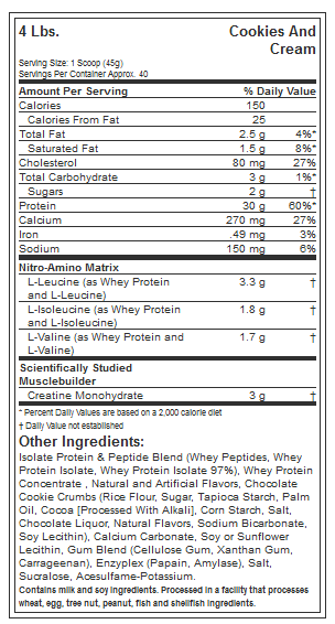 MUSCLETECH NITROTECH PROTEIN, COOKIES & CREAM, 4 LBS NUTRITION INFO
