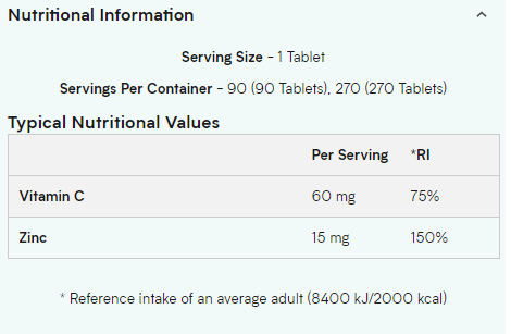 MYPROTEIN ZINC, 90 TABLETS - NUTRITION INFO