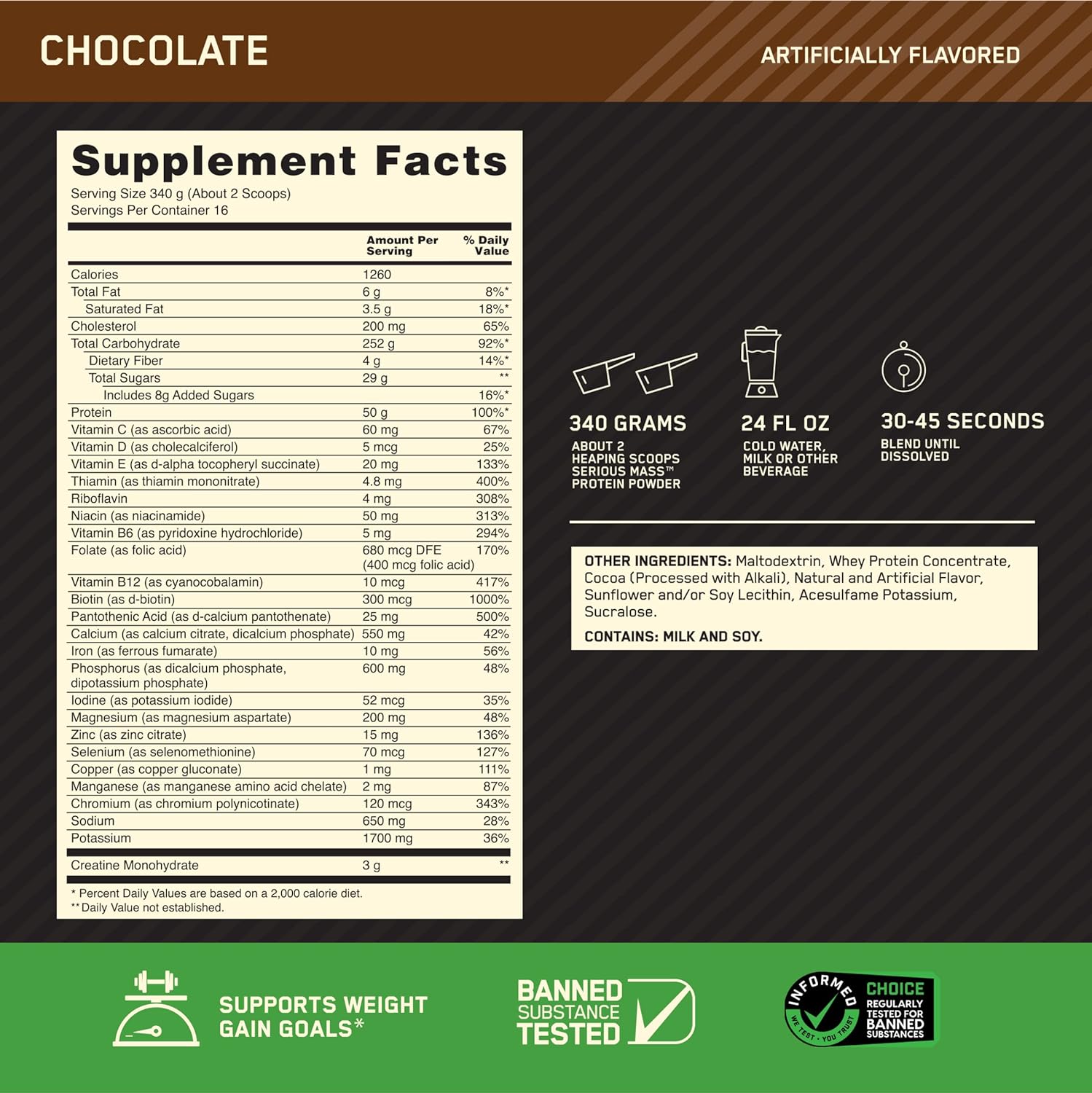 ON Serious Mass Protein, Chocolate, 12lbs 2